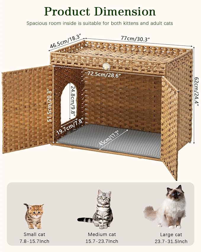 Cat Litter Box Enclosure Furniture, Handwoven Rattan Hidden Litter Box with Mat, Large Space Cat House with 2 S-Shaped Hooks 30.3 x 18.3 x 24.4 Inches, Indoor for Living Room Apartment Natural