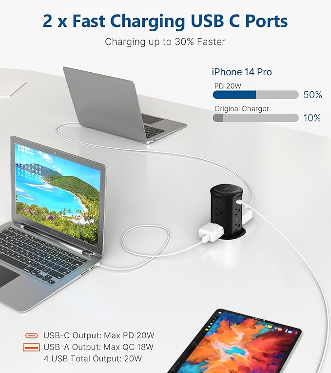 Pop up Outlet for Countertop,3-1/8 inch Hole Desk Grommet Power Station,20W USB C Fast Charging,8 Outlets 4-USB,Kitchen Island Pop Up Electrical Outlet,ETL Listed