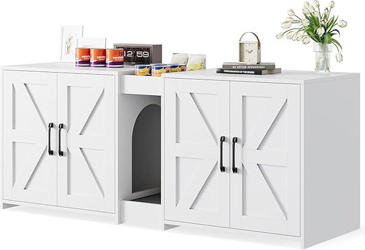 55" Cat Litter Box Enclosure, Double Litter Box Cabinet with Cat Bed, PVC Pad and Scratch Pad, Hidden Litter Box Furniture for 2 Cats with Storage and 2 Entrances, White
