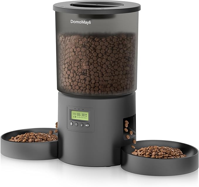 Automatic Dual Cats Feeder 2 Cats,Dual Power,Flexible Schedule Timer,6 Meals 12 Portions Per Day (Clear Black, ABS Double Bowls)