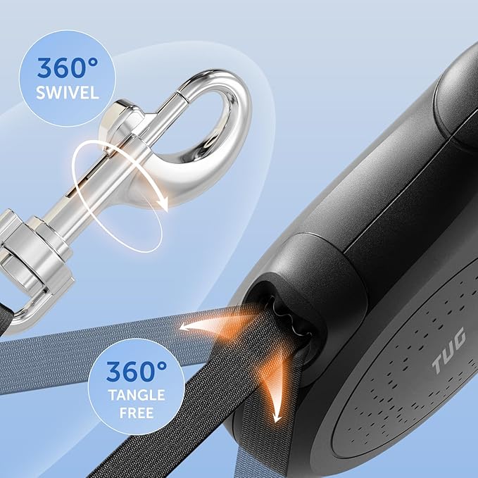 TUG Quest Retractable Dog Leash | 360° Tangle-Free Retraction | 16 ft Strong Nylon Tape (Small, Black)