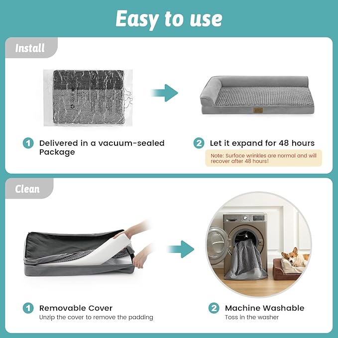 Orthopedic Dog Bed for Large Size Dog, XL Dogs Crate Bed, L Shaped Foam Anti-Slip Bottom Pet Cat Sofa with Washable Removable Cover, Suitable for Pet Up to 100 lbs, 44x32x7 inch, Grey