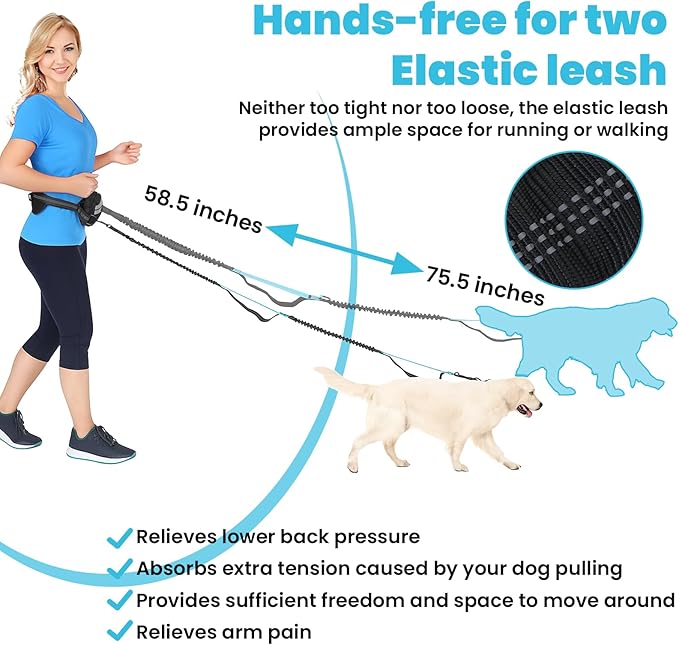 Hand Free Dog Leash with Pouch, Dog Leash for 2 Dogs with Dual Handles Retractable Dogs Walking Belt for Running Walking Jogging Pet Belt