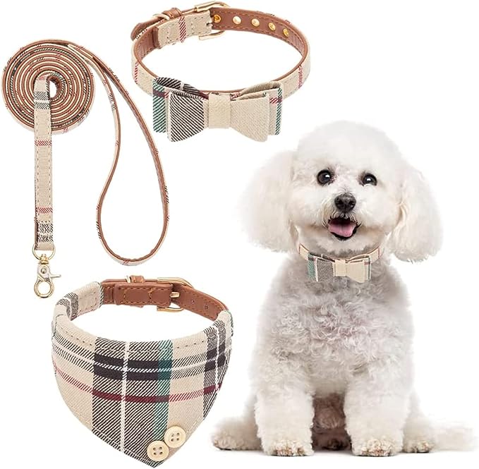 BINGPET Bow Tie Dog Collar with Leash Set - Cute Adjustable Classic Plaid Dog Bandana Collar with Bell, Fit for Medium Dogs, Puppies and Cats Outdoor Walking