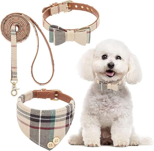 BINGPET Bow Tie Dog Collar with Leash Set - Cute Adjustable Classic Plaid Dog Bandana Collar with Bell, Fit for Medium Dogs, Puppies and Cats Outdoor Walking