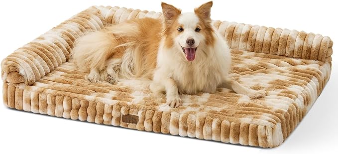 Cute Dog Bed, Faux Rabbit Fur Orthopedic Foam Dog Bed with Sides, Removable Washable Cover & Waterproof Lining, Comfortable Pet Couch for Large Dogs, Tie-Dye Brown (44" L x 32" W x 7" Th)