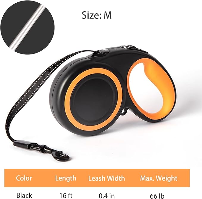 360° Tangle-Free Retractable Dog Leash, Strong Reflective Nylon Tape Lead 16 ft Dog Walking Leash, up to 66lbs, Anti-Slip Rubberized Handle, One-Handed Brake (Black, Medium)