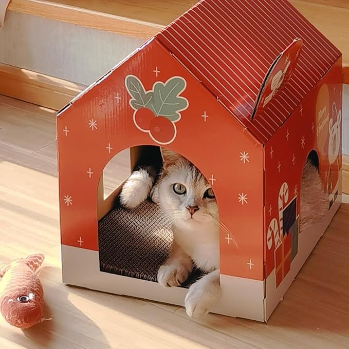 Christmas Cardboard Cat House with Scratching Pad (15"x12"x15") Cat Play House for Indoor Cats, Christmas Decorations Scratching Pad for Kitty
