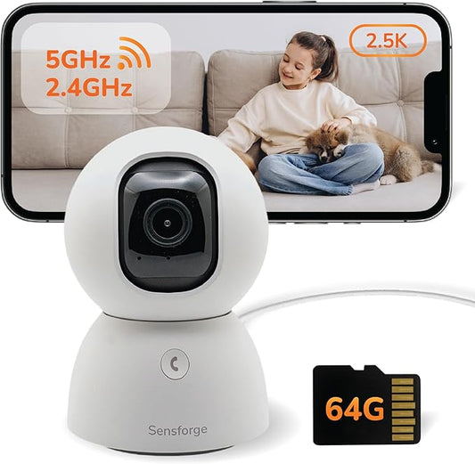 Sensforge 2.5K Indoor Pan-Tilt Dome Security Camera, AI Human & Pet Detection, 360° Coverage, Two-Way Audio, Dual-Band Wi-Fi (2.4G/5G), 64GB SD Card Included, No Monthly Fees