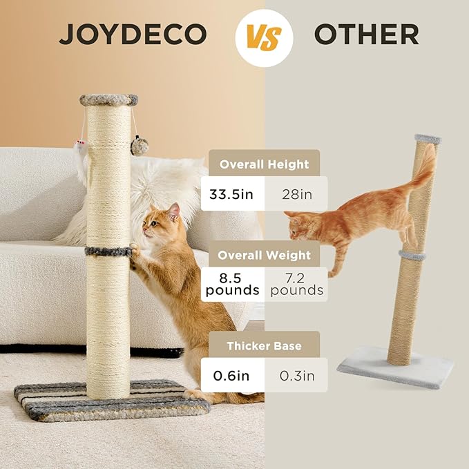 Joydeco Cat Scratching Post 34 Inches Heavy Duty and Thick Scratching Post Sisal Rope with Hanging Ball and Mice for Indoor Cats(Grey)
