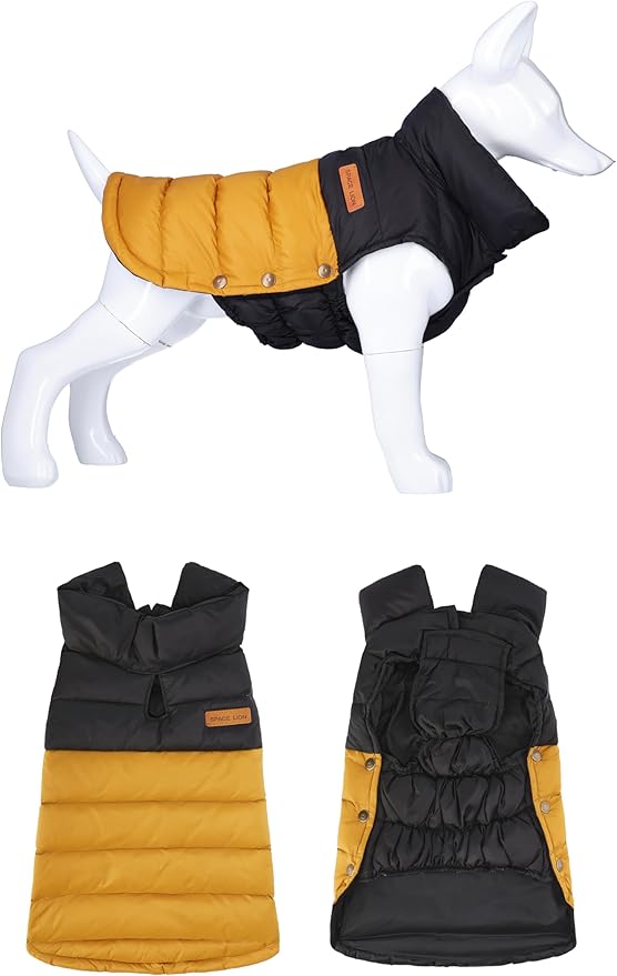 SPACE LION Dog Puffer Jacket, Down Winter Coat, Durable Outdoor Coat for Cold and Windy Conditions, Lightweight & Adjustable Fit Coats for Large Dogs,(BlackKhaki, Size26/3XL)