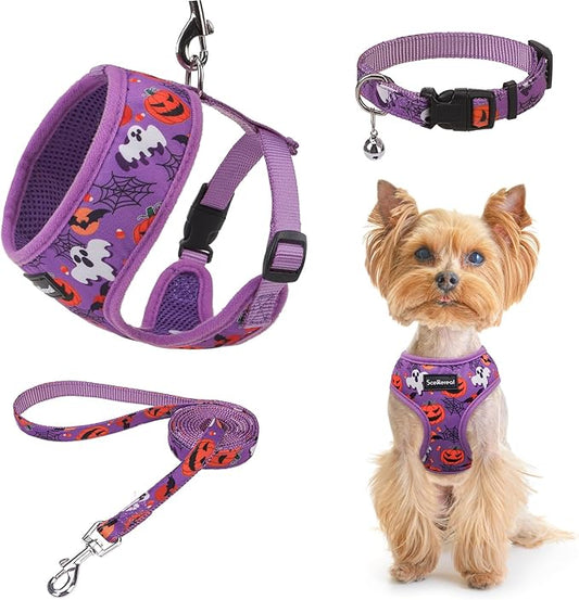 SCENEREAL Halloween Small Dog Harness Collar and Leash Set, Adjustable No Pull Pet Harnesses, No Chock Soft Mesh Step in Vest Costume for Doggie Puppy Dogs Cats Girl Boy Outdoor Walking
