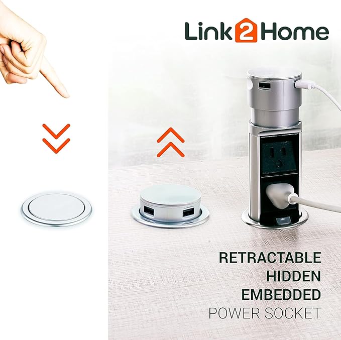 Link2Home 2 Pack Space Saver Pop Up Outlet Station with USB, 2 Power Outlets 15A, 2 USB Ports 2.4A Fast Charge Splash Resistant, Stainless-Steel Finish, for Kitchen Island, Office Table and Workshop