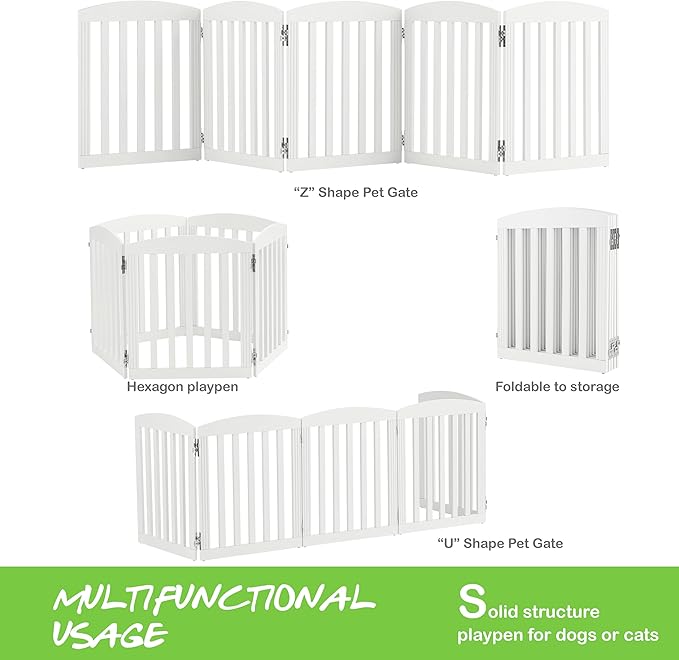 SPIRICH 120" Extra Wide 28" Tall Dog Gate Indoor, Dog Gates for Doorways, Stairs, The House, Wooden Freestanding Foldable Pet Gate, Step Over Puppy Gate, 5 Panels, White