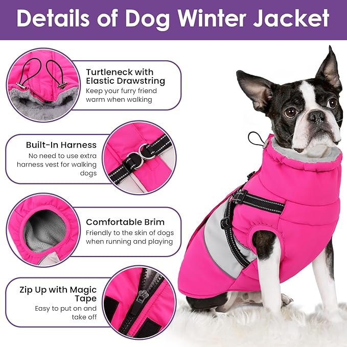 SUNFURA Small Dog Coat with Harness Built in, Warm Dog Jacket Winter with Zipper On Back, Waterproof Pet Snow Jacket Snowsuit Pet Sweater Clothes for Schnauzer, Yorkshire Terrier, Hot Pink S