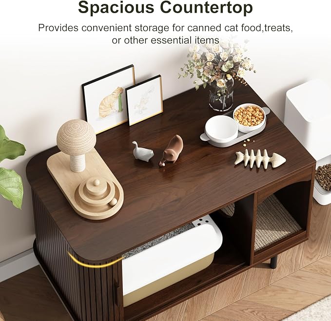 Cat Litter Box Enclosure Furniture, Hidden Litter Box Cabinet with Scratching Pad, Large Fluted Wood Cat House Indoor Modern Side End Table Litterbox Furniture for Living Room, Entryway, Walnut