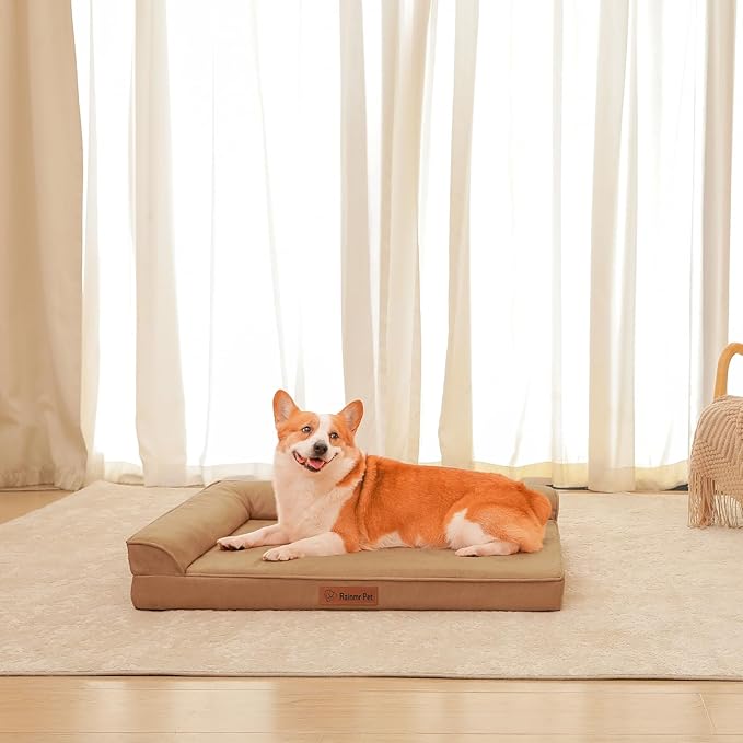 Orthopedic Dog Bed for Medium Dogs, 35"x23"x6" Memory Foam Pet Bed with Washable Microsuede Cover, TPU Waterproof Liner & Nonskid Bottom, for Indoor, Outdoor, Crate ＆ Car Use, Khaki