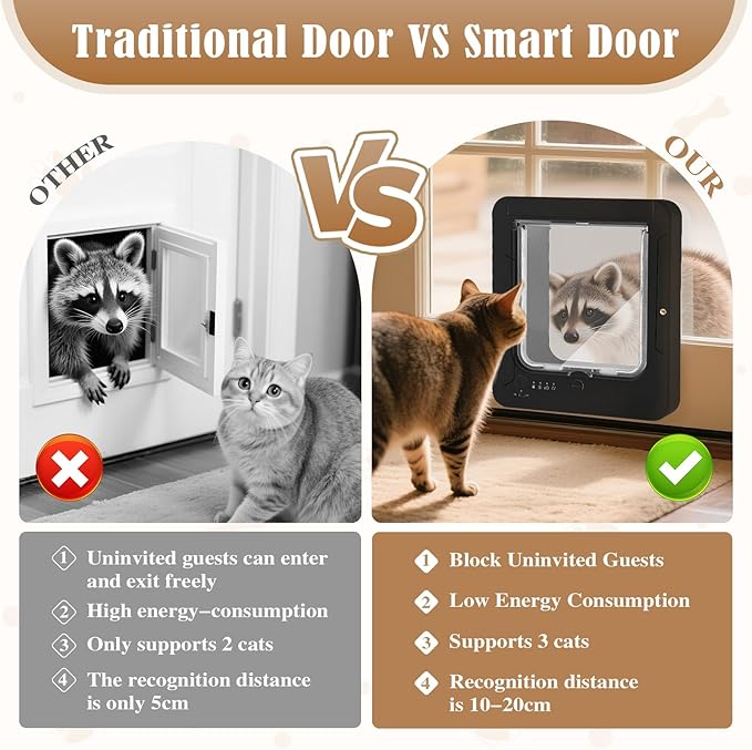 Smart Cat Door for Interior & Exterior, Flap Opening is 7.67’’ (H) by 7'' (W), RFID Cat Pet Door with 3 RFID Collar Sensor Keys & 1 Remote & 4 Way Locking Cat Flap, Automatic Opening Cat Door ﻿(Black)