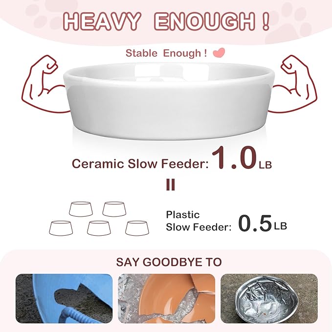 TRUVIC Ceramic Slow Feeder Dog Bowls Small Breed, 0.6 Cup Slow Feeder Cat Bowls for Fast Eaters, Ceramic Dog Food Dish no Black Chin, Puzzle Bowl for Small Dogs and Cats, White