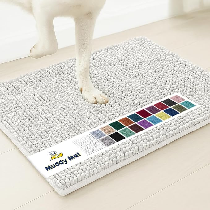 Muddy Mat® AS-SEEN-ON-TV Highly Absorbent Microfiber Door Mat and Pet Rug, Non Slip Thick Washable Area and Bath Mat Soft Chenille for Kitchen Bathroom Bedroom Indoor and Outdoor - White 24" x 96"