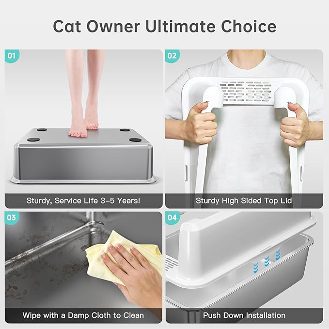 Stainless Steel Cat Litter Box with Lid, XL Metal Litter Box for Big Cats, Extra Large Litter Box with High Sides, Never Absorbs Odors, Non-Sticky, Easy Clean, Anti-Urine Leakage, with Scoop
