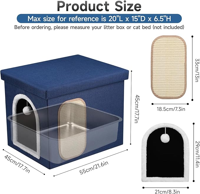 Cat Litter Box Enclosure, Foldable Hidden Litter Box with Mesh Storage Bag, Litter Box Furniture Hidden with Waterproof Inside, Easy Clean, Odor Control, Easy Assembly, 21.6”L x 17.7”D x 17.7”H, Blue