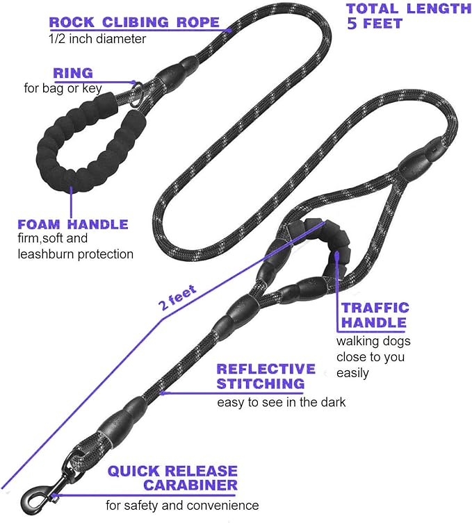 JSXD Heavy Duty Double Handle Dog Leash - 5 FT, Padded & Reflective, Rope for Small to Large Dogs (Black)