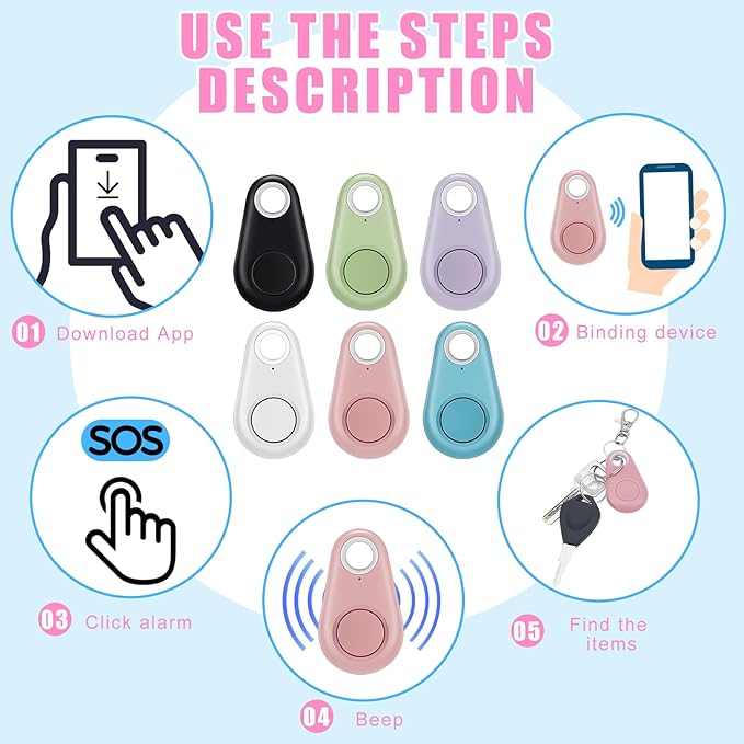 Flutesan 8 Packs Portable GPS Tracking Mobile Tracking Anti Loss Smart Device Key Finder Locator GPS Tracker Device for Pets Dog Cat Wallet Keychain Luggage, Alarm Reminder(Black, White, Colorful)