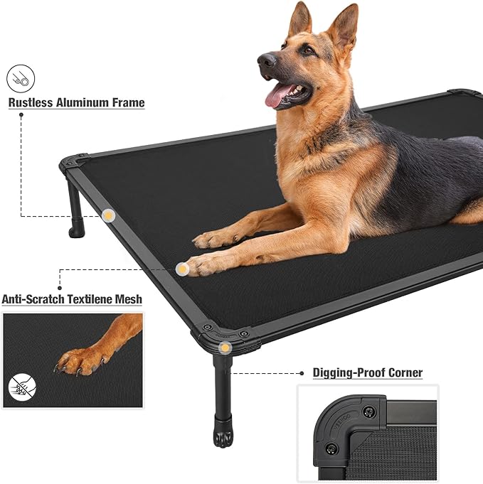 Veehoo Chew Proof Elevated Dog Bed - Cooling Raised Pet Cot - Rustless Aluminum Frame and Durable Teslin Mesh, Unique Designed No-Slip Feet for Indoor or Outdoor Use, Black, XX-Large, CWC2002