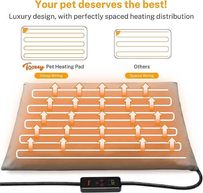 Toozey Small Pet Heating Pad, 6 Adjustable Temperature Dog Cat Heating Pad with Timer, Waterproof Heated Cat Bed with Chew Resistant Cord, Indoor Electric Pet Heated Mat 18x16in