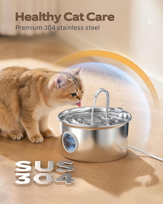 Pet Water Fountain Stainless Steel: Mental Cat Water Fountains with 8 Filters + 8 Sponges - 88oz/2.6L Noiseless Cats Waterer Bowl Dispenser - ATMZIQXR Kitten Drinking Fountains for Cats Indoor