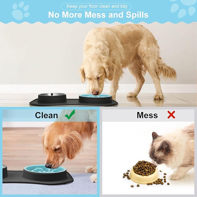 Slow Feeder Dog Bowls 3 in 1 Stainless Steel Dog Food and Water Bowls with Non-Spill Non-Skid Silicone Mat to Slow Down Eating for Large Medium Small Breed Size Dogs and Cats (Grey Blue)