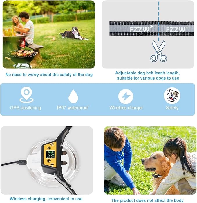 Plkm Wireless Dog Fence Pet Electric GPS Fence Containment System, Adjustable Control Range Warning Strength, Wireless Charging Wireless GPS Dog Fence, Fully Sealed Waterproof Collar Receiver