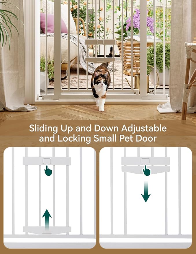 BABELIO 36 Inch Extra Tall Baby Gate with Cat Door, 29-48" Metal Pet Door for Stairs, Doorways, Auto Close, Easy Walk Thru,White