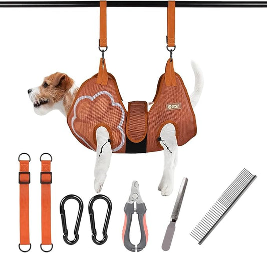 Paws n' Cradle Dog Grooming Hammock Harness for Dogs & Cats - Complete Kit with Adjustable Leg Fittings, Comb, Nail Clipper, File, Hook & Loop Strap, Adjustable Hanging Straps & Snap Hooks (Medium)