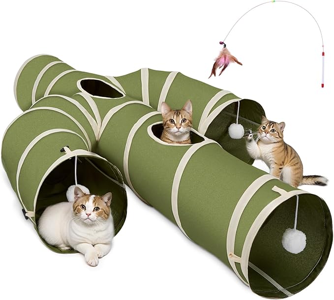 Ownpets Cat Tunnel Large 12 inch Diameter, Cactus-Shaped Cat Tunnel Toy, Sturdy Oxford Fabric Collapsible Cat Tunnels for Indoor Cats, Interactive Peek Hole Pet Tunnel Tube with Cat Wand Toy, Green
