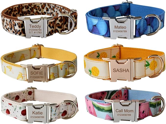 Custom Dog Collar with Metal Buckle - Pet Collars Personalized with Name and Phone Number (Fruit)
