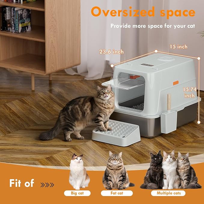 Stainless Steel Litter Box with Smart Odor Control System, XXL Extra Large Enclosed Metal Cat Litter Box with Lid for Kitty&Big Cats, High Sided Enclosure with Scoop & Stairway, Anti-Leakage-Grey