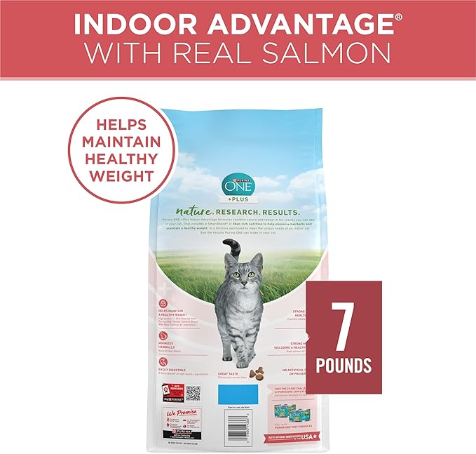Purina ONE Natural Low Fat, Indoor Dry Weight Control High Protein Cat Food Plus Indoor Advantage With Real Salmon - 7 lb. Bag