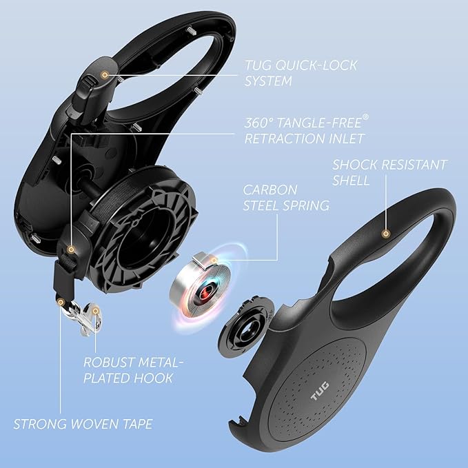 TUG Quest Retractable Dog Leash | 360° Tangle-Free Retraction | 16 ft Strong Nylon Tape (Large, Black)