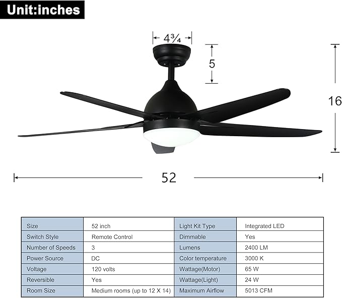 FINXIN Indoor Ceiling Fan Light Fixtures LED 52 Ceiling Fans for Bedroom,Living Room,Dining Room Including Motor,Light,3/5-Blades,Remote Switch (Black)