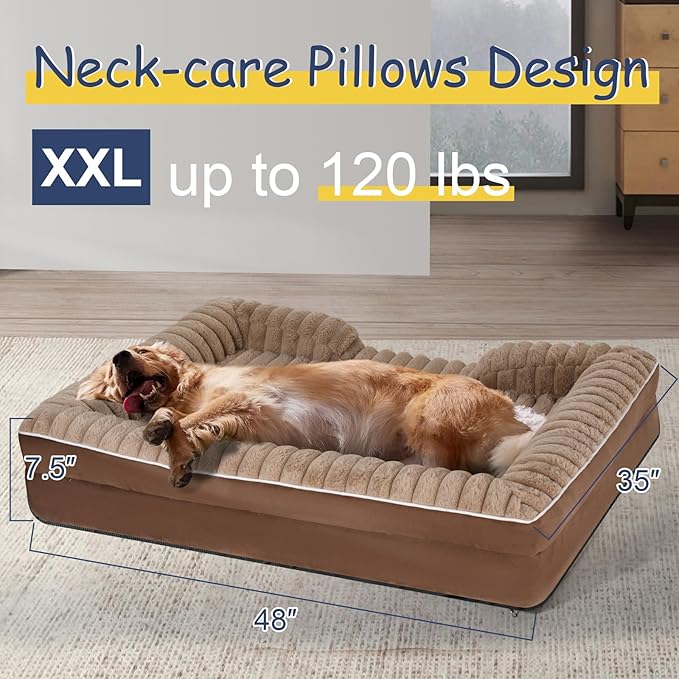 Orthopedic Dog Bed for Large Medium Sized, Washable Memory Foam Large Dog Bed Premium Soft Corduroy Fleece, Durable Medium Pet Sofa with Removable Cover, Washable Waterproof Pet Couch Beds(Brown,XXL)