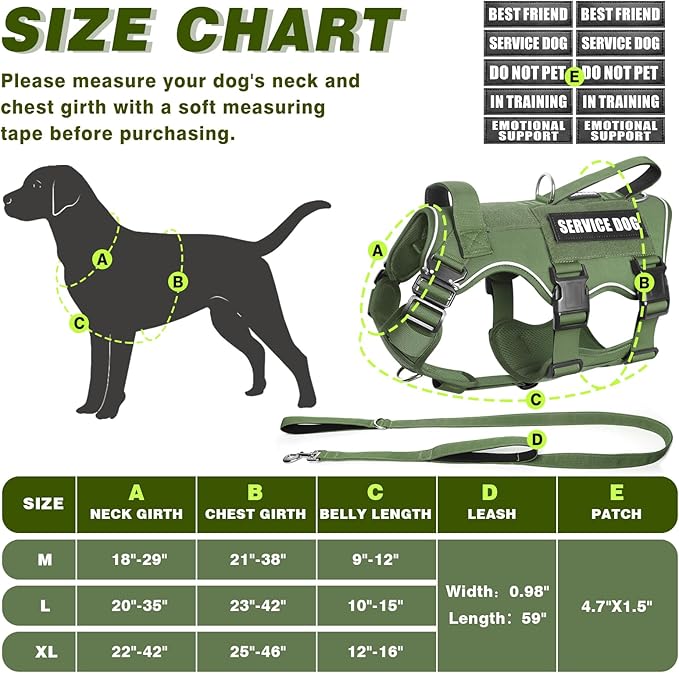 Tactical Service Dog Vest Harness and Leash Set,Heavy Duty Dog Harness with Metal Buckles for Large Dogs,Adjustable No Pull Pet Vest with 10 Patches,for Training Working,Green L