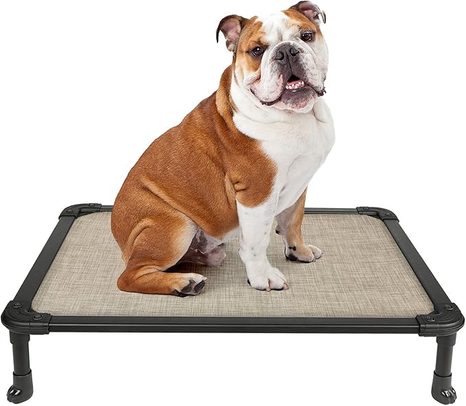 Veehoo Chew Proof Elevated Dog Bed - Cooling Raised Pet Cot - Rustless Aluminum Frame and Durable Textilene Mesh, Unique Designed No-Slip Feet for Indoor or Outdoor Use, Beige Coffee, Medium
