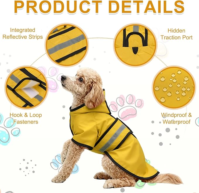 Dog Raincoat, Dog Rain Jacket Waterproof Jacket Reflective Adjustable Hooded Pet Rain Coat with Leash Hole, (Yellow, M), Intended for Large Medium Small Puppies