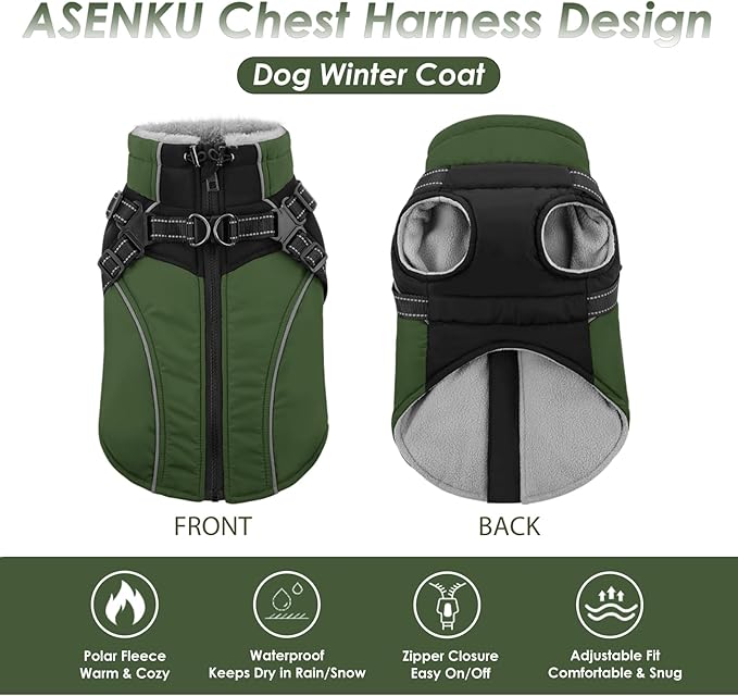 ASENKU Reflective Dog Coat with Built-in Harness, Windproof Fleece-Lined Dog Jacket for Small, Medium, Large Dogs, Warm Winter Vest with Turtleneck & Zipper (Green M)