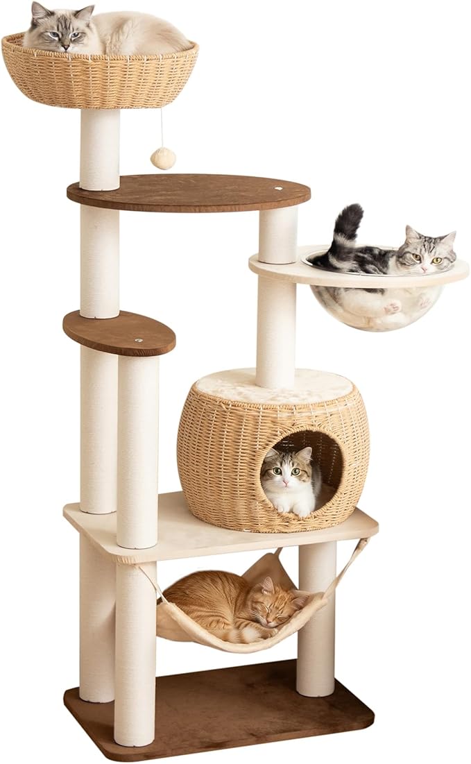 Modern Cat Tree for Large Cat, 56.7-Inch Tall Cat Tower with Scratching Post for Indoor Cats, Multi-Level Cat Condo with Hand-Woven Cat Bed and Hammock Acrylic Bowl (Particleboard 56.7in)