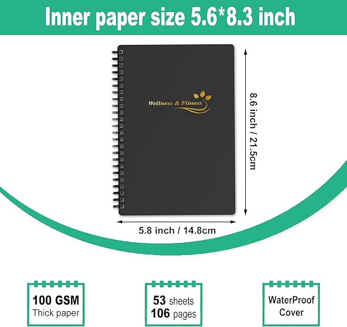 Wellness Planner & Fitness Log - Daily Diet & Health Journal with Weight Loss, Wellness Journal Notebook for Tracking Fitness, Sleep, Nutrition, Meal, Habits, A5(5.8 x 8.6 inch) (Black Golden)