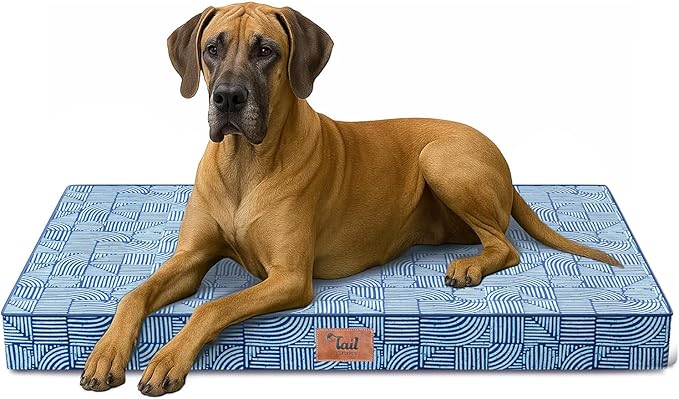 Outdoor Extra Large Dog Bed, Jumbo Waterproof Dog Bed for Large Dogs, Orthopedic Egg Crate Foam Pet Mat with Removable Oxford Cooling Cover, White Blue
