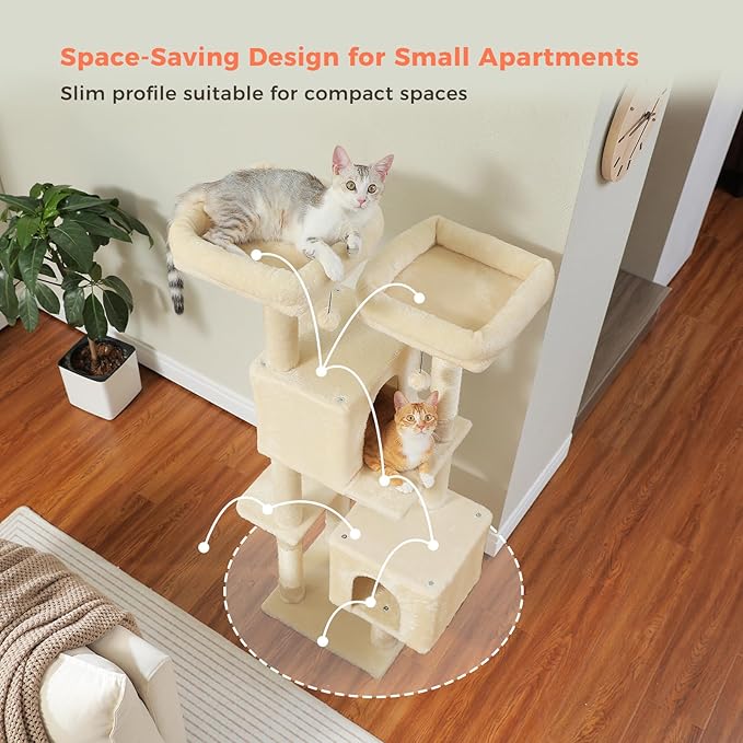 Cat Tree, 52.4 Inch Multi-Level Cat Tower for Indoor Cats with Dual Padded Top Perches, 2 Condos & Scratching Posts, Plush Cat Furniture for Kittens and Medium Cats, Beige